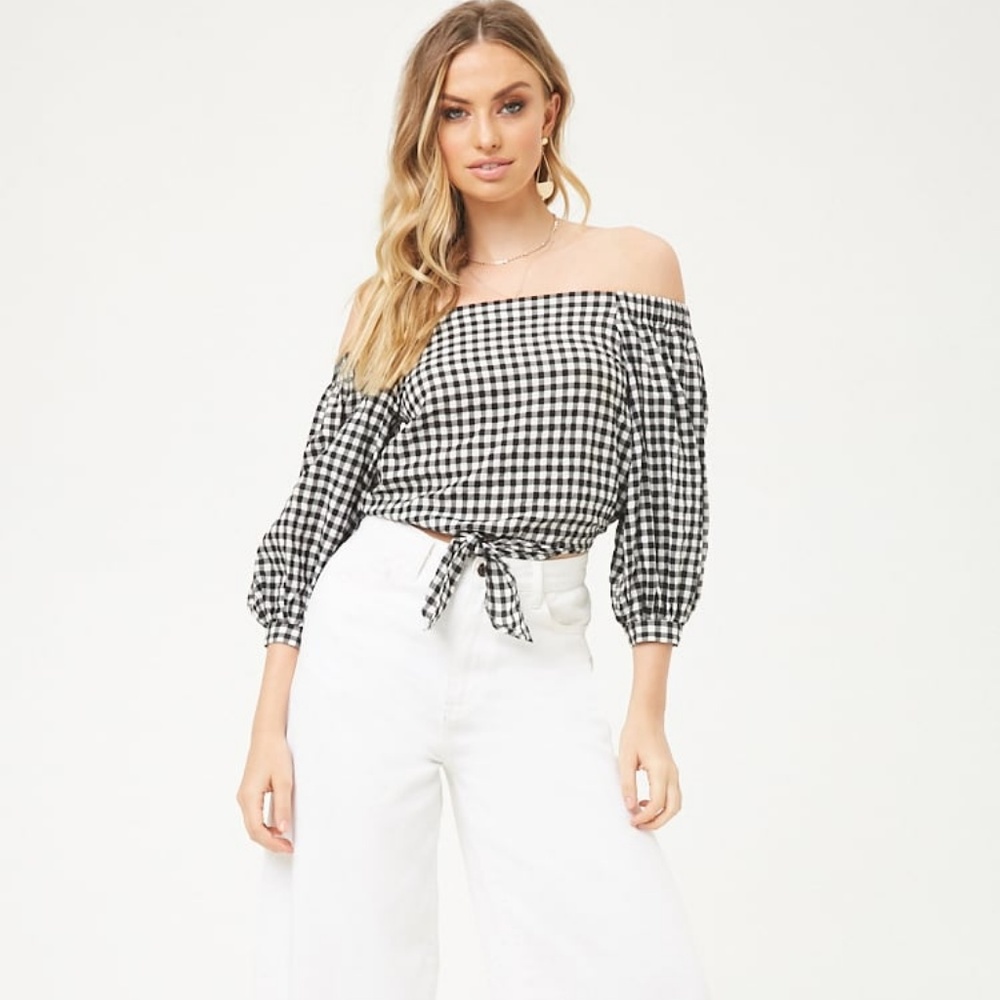 Forever 21 Off Shoulder Gingham Crop Top Medium